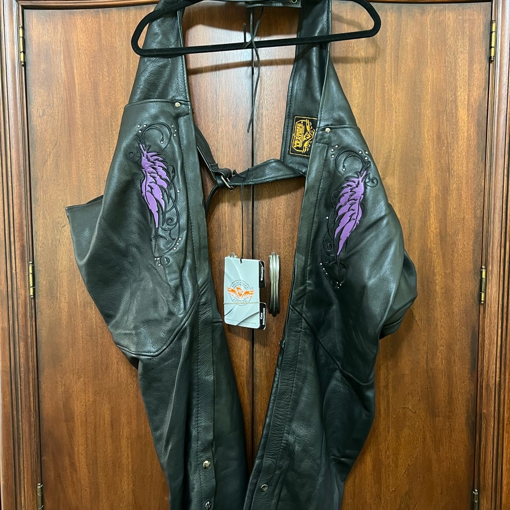 Milwaukee Leather Black Leather Chaps with Studs and Purple Wings Embroidery